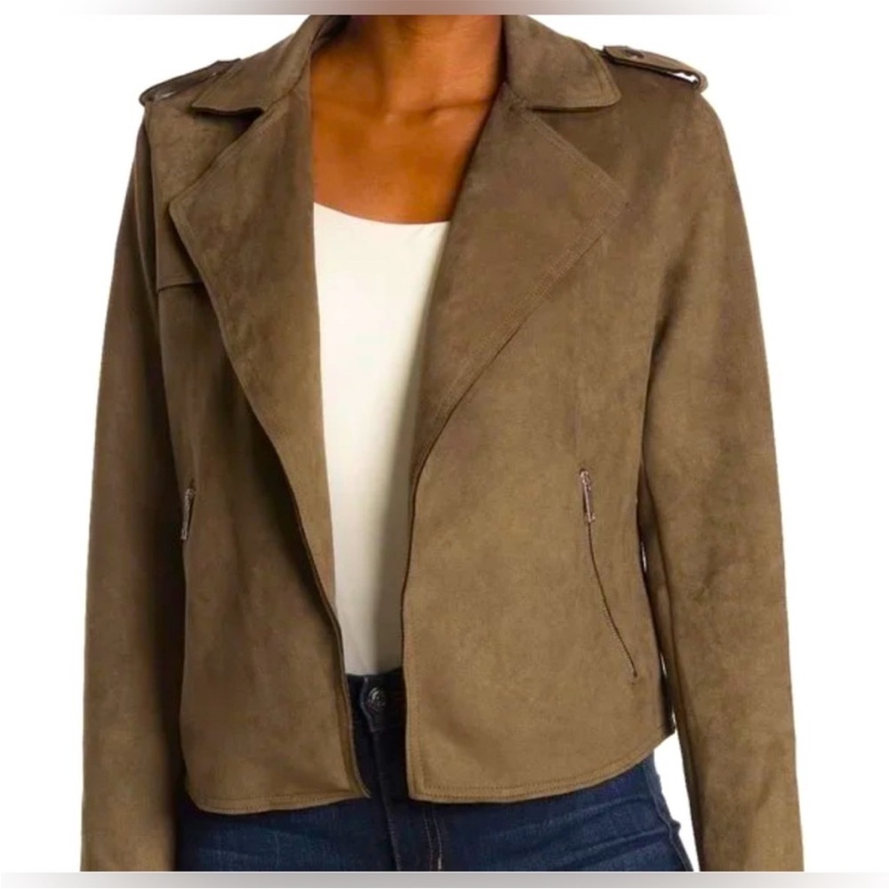 T Tahari Faux Suede Moto Jacket, Olive Green